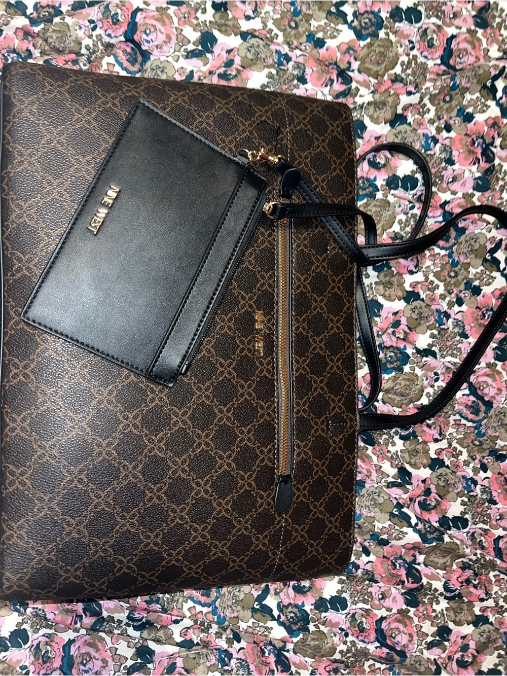 Nine West Brown Monogram Tote with Black Zip Pouch